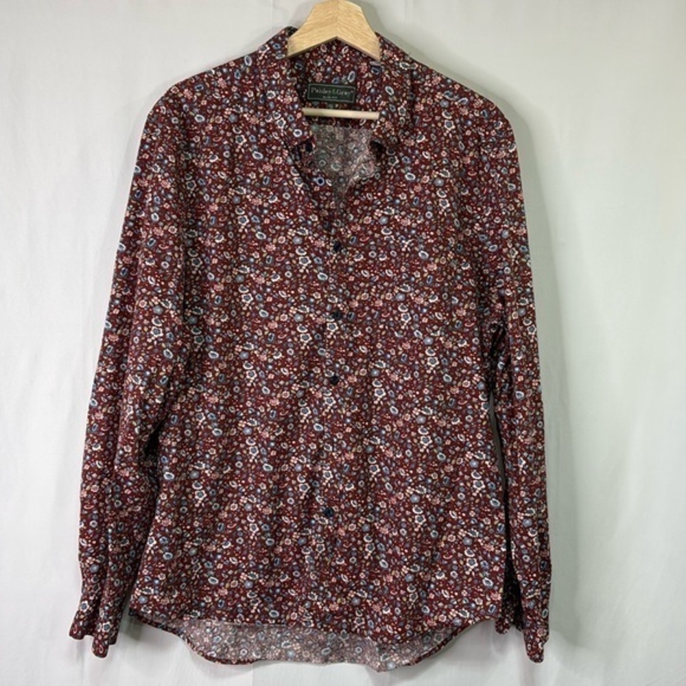 🐝 paisley and gray slim fit burgundy and blue floral button down.